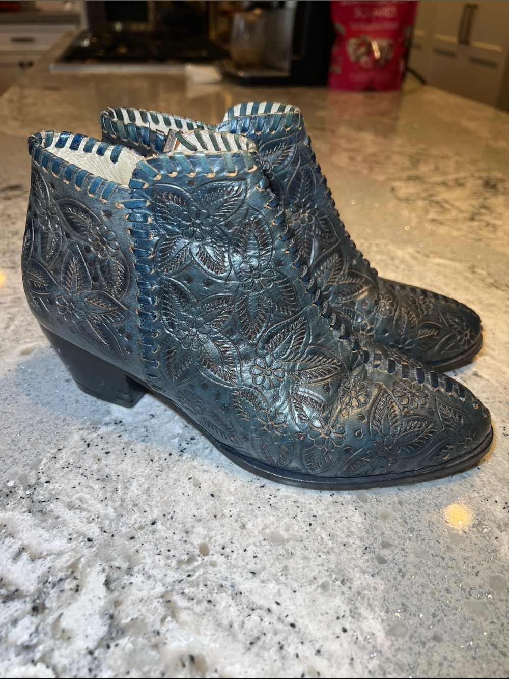 Sara Melissa Floral Embossed Leather Western Ankle Booties Blue Boho Size 6.5